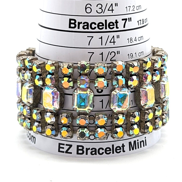 Aurora Borealis Clear Rhinestone Cuff Bracelet 5 Rows Statement Piece 60s 8.75" - Picture 11 of 13